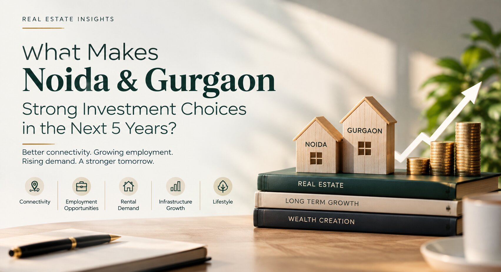 Real estate investment insights infographic on Noida and Gurgaon highlighting connectivity, employment, rental demand, and wealth creation over the next 5 years