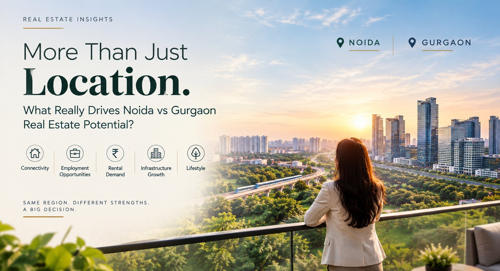 Infographic banner showing real estate potential factors between Noida and Gurgaon including connectivity, employment opportunities, and lifestyle